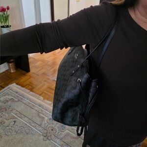 Coach Black Monogram Shoulder Bag with Leather Trim